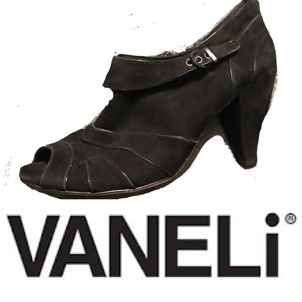Vaneli Black Suede Peep Toe Heels